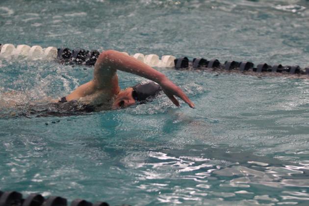 Shawnee's Nylena Davis catches a breath in the Girls 500 Yard Freestyle, in which she placed second with a time of 6:17.70. Shawnee High School's boys and girls swim teams are once again able to practice and host competitions at the Shawnee YMCA pool, since it reopened over the summer, having rebuilt from the April 2023 tornado. They hosted Moore, Southmoore, Westmoore and Plainview at the Nov. 12 meet, and the SHS girls team placed first. Countywide &amp; Sun/Natasha Dunagan