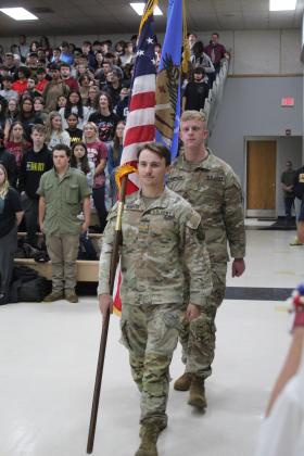 U. S. Army Recruits SPC Wampler and PFC Sampson, a 2022 graduate, present the colors during the Tecumseh High School Veterans Day Ceremony on Nov. 11. Countywide &amp; Sun/Natasha Dunagan