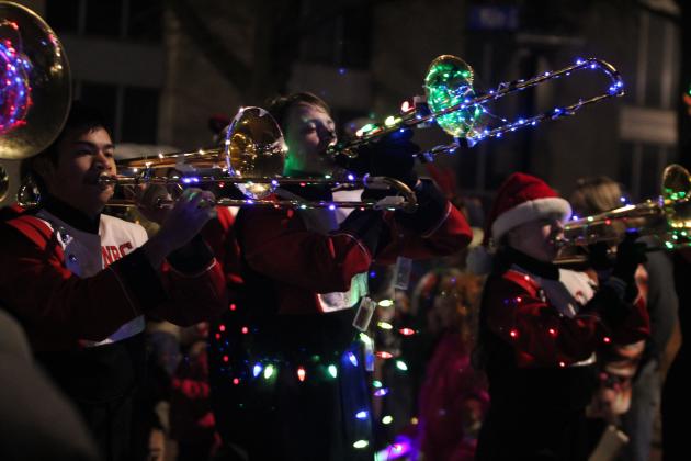 The brass section of the North Rock Creek marching band plays during the Shawnee Parade of Lights on Dec. 13. Countywide &amp; Sun/Natasha Dunagan
