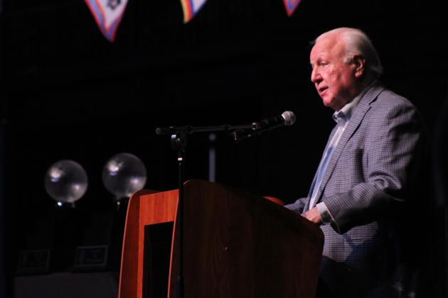 Citizen Potawatomi Nation Chairman John "Rocky" Barrett speaks during the 2024 TBL Championship Banquet &amp; Ring Ceremony at FireLake Arena on Jan. 17. The Fire were the first TBL (The Basketball League) team to be owned by a Native American tribe in 2022, and they have won the national championship for two years in a row, as evidenced by the two "Lillie" trophies in the background. Countywide &amp; Sun/Natasha Dunagan