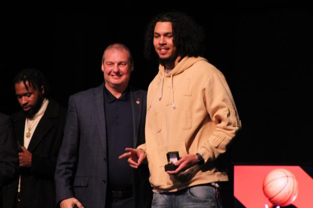 Potawatomi Fire Forward Isaiah Wade accepts his 2024 TBL National Championship ring from Head Coach Mark Dannhoff during the Banquet &amp; Ring Ceremony at FireLake Arena on Jan. 17. Countywide &amp; Sun/Natasha Dunagan
