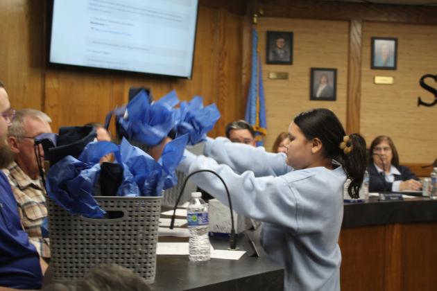Shawnee students presented the Shawnee Board of Education with gift baskets during the regular Jan. 6 meeting. Countywide &amp; Sun/Natasha Dunagan