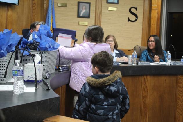 Shawnee students presented the Shawnee Board of Education with gift baskets during the regular Jan. 6 meeting. Countywide &amp; Sun/Natasha Dunagan