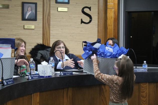 Shawnee students presented the Shawnee Board of Education with gift baskets during the regular Jan. 6 meeting. Countywide &amp; Sun/Natasha Dunagan