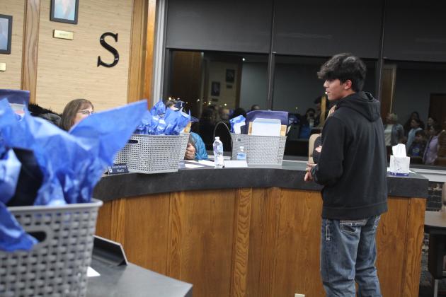 Shawnee students presented the Shawnee Board of Education with gift baskets during the regular Jan. 6 meeting. Countywide &amp; Sun/Natasha Dunagan