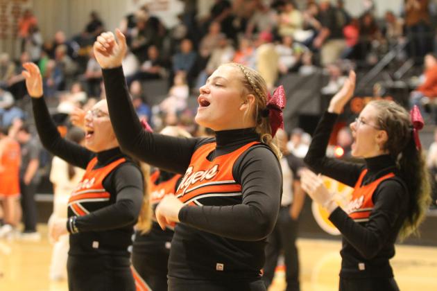 The Maud High School cheerleaders rally the crowd during a time out at the boys home game on Jan. 28. Shown, from left, are Victoria Cordray, Abigail Bull and Ava Glave. Countywide &amp; Sun/Natasha Dunagan