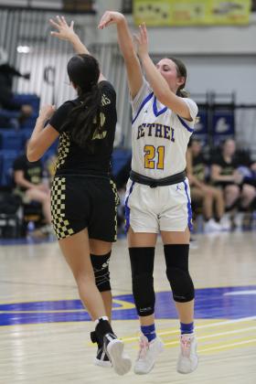 Bethel sophomore Bailey Tucker tries for a three-pointer in the fourth quarter of the Class 3A District home game against Marietta on Feb. 22. The Lady Wildcats won, 70-41, and will play at home in regionals today (Feb. 27) at 6 pm. Countywide &amp; Sun/Natasha Dunagan