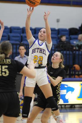 Bethel junior Ava Gascon launches the ball in the fourth quarter of the Class 3A District home game against Marietta on Feb. 22. The Lady Wildcats won, 70-41, and will play at home in regionals today (Feb. 27) at 6 pm. Countywide &amp; Sun/Natasha Dunagan