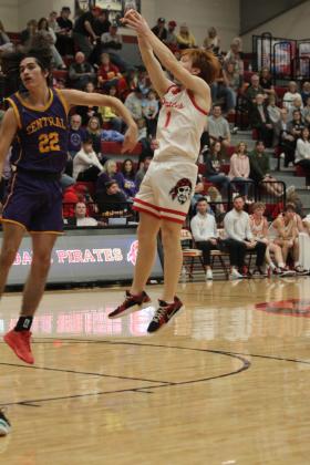 Dale senior Easton Edmonson sinks a three-point shot during the Class 2A Regional home game against Central (Sallisaw) on Feb. 24. The Pirates won, 83-43, and will advance to the area tournament on Feb. 28 in McAlester at 7:30 pm. Countywide &amp; Sun/Natasha Dunagan