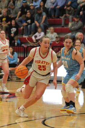 Dale senior Teague Muncy makes her way to the hoop and puts up two points in the Class 2A Regional home game with Oktaha on Feb. 24. The Lady Pirates won, 77-50, and they will advance to area in McAlester on Feb. 28 at 6 pm. Countywide &amp; Sun/Natasha Dunagan
