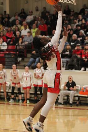 Earlsboro's Zeaonna McGregor steals the ball for a second time and makes a basket in the fourth quarter of the Class B Regional game with Wilson (Henryetta) on Feb. 21. The Lady Wildcats lost a close game with a final score of 50-54, and they ended their season in the second regional game with Strother, 50-68. Their record for the season was 19-7. Countywide &amp; Sun/Natasha Dunagan