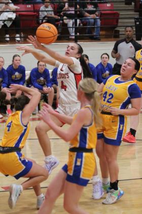 Earlsboro freshman Lilly Gentry goes to the hoop during the Feb. 10 home game against Moss, the last regular season game. The Lady Wildcats won, 43-35, and will go on to play in the District tournament in Sasakwa, Feb. 14-15. Countywide &amp; Sun/Natasha Dunagan