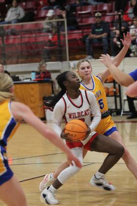 Earlsboro freshman Zeaonna McGregor prepares to make her shot during the Feb. 10 home game against Moss, the last regular season game. The Lady Wildcats won, 43-35, and will go on to play in the District tournament in Sasakwa,  Feb. 14-15. Countywide &amp; Sun/Natasha Dunagan