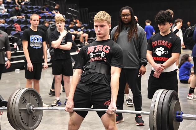 North Rock Creek's Kaiden Samuels deadlifts 485 lbs and  finished 1st in the 157-weight class with a total weight of 1135 lbs. Photo courtesy of Gowin Photography