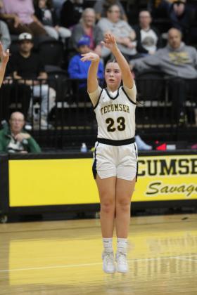 Tecumseh's Peyton Bays shoots a three-pointer in the first quarter of the Jan. 28 home game with Seminole. The Lady Savages won, 69-27. Countywide &amp; Sun/Natasha Dunagan