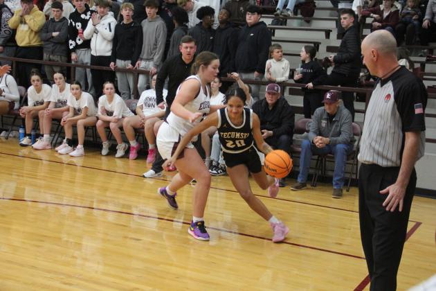 Tecumseh's Aaliyah Stargell drives to the basket during the Class 4A Districts at Eufaula on Feb. 21. The Lady Savages lost, 29-43, but will advance to the consolation bracket in Regionals today (Feb. 27), beginning at 1 pm at Bethany. Photo courtesy of Rodney Haltom/Eufaula Indian Journal