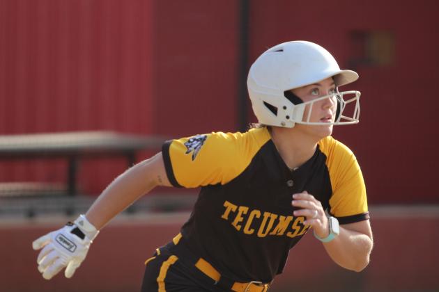 Tecumseh senior Jessi Hull sets out after hitting a triple in the slowpitch game against North Rock Creek, held at Dale on March 24. The Lady Savages lost to Dale, 7-8, and beat NRC, 10-0. Natasha Dunagan, Countywide &amp; Sun