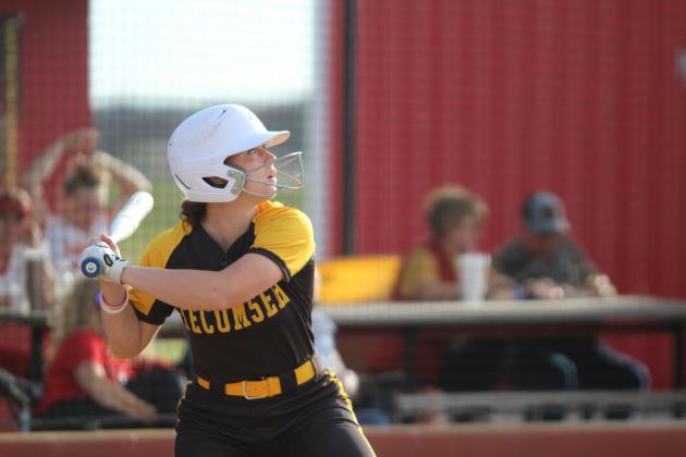Tecumseh senior Katie Overstreet prepares to hit a triple in the slowpitch game against North Rock Creek, held at Dale on March 24. The Lady Savages lost to Dale, 7-8, and beat NRC, 10-0.  Natasha Dunagan, Countywide &amp; Sun