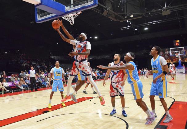 Jachai Simmons adds two of the 126 points the Potawatomi Fire put on the Western Oklahoma Sky Kings in their home opener on Mar. 8.