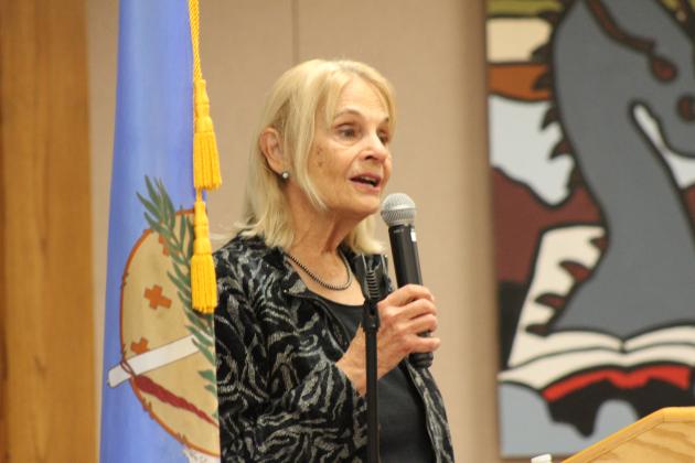 In honor of her late father's, author Tony Hillerman's, 100th birth year, author Anne Hillerman speaks during an Oklahoma Literary Sites Register plaque dedication on March 15 at Shawnee Public Library. Her father was born in Sacred Heart, and she has fond memories of visiting her mother's family in Pottawatomie County as a child.