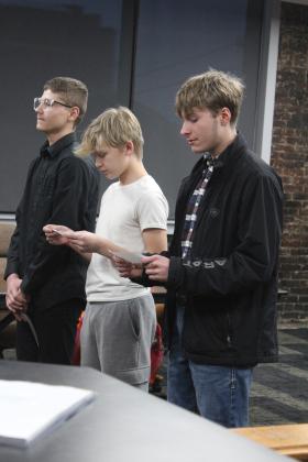 Shawnee eighth-graders Jonah, Champ and Hunter tell about what it was like to start a podcast at Shawnee Middle School for their Career Tech class during the March 3 Shawnee Board of Education meeting. By Natasha Dunagan, Countywide &amp; Sun