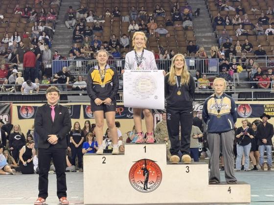 Tecumseh senior Trinity Rakestraw placed second in her weight division of the Class 5A OSSAA Girls Wrestling State Championship on March 1 at the State Fair Arena. Rakestraw also reached 100 career wins on Feb. 28. Photo provided.