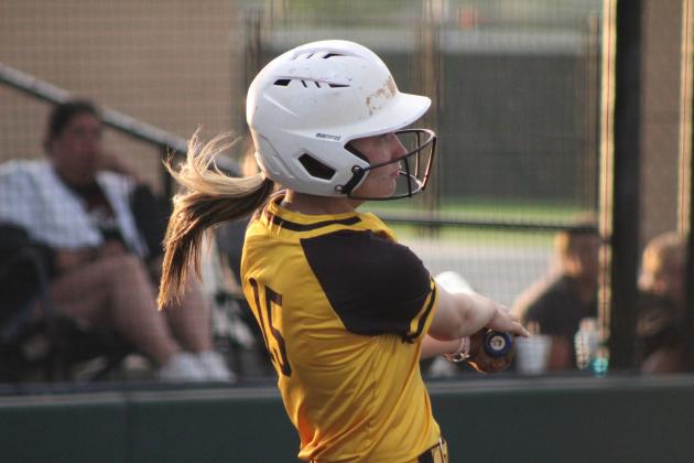 Tecumseh freshman Jaylie Anderson hits her first of two home runs during the game against Shattuck in the Dale Slow Pitch Festival at FireLake Ball Fields on April 17. Over the two-day tournament, the Lady Savages sank Shattuck, 20-9; pushed past Pryor, 6-4; canceled Cache, 8-3; and, fell to Silo, 8-13. Natasha Dunagan, Countywide &amp; Sun