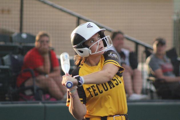 Tecumseh senior Kynlee Donaghey keeps her eyes on the ball while at bat during the game against Shattuck in the Dale Slow Pitch Festival at FireLake Ball Fields on April 17. Over the two-day tournament, the Lady Savages sank Shattuck, 20-9; pushed past Pryor, 6-4; canceled Cache, 8-3; and, fell to Silo, 8-13. Natasha Dunagan, Countywide &amp; Sun