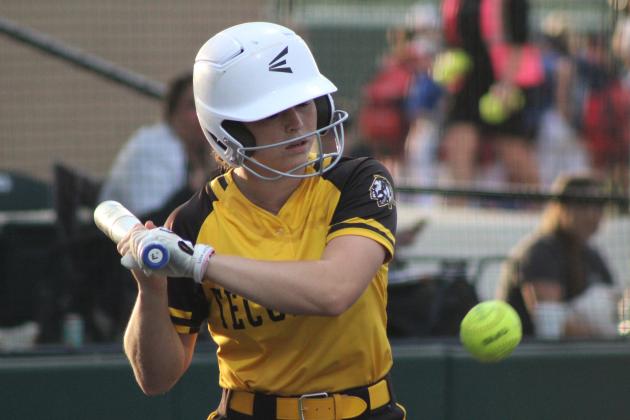 Tecumseh senior Katie Overstreet watches a ball fly by before taking a walk during the game against Shattuck in the Dale Slow Pitch Festival at FireLake Ball Fields on April 17. Over the two-day tournament, the Lady Savages sank Shattuck, 20-9; pushed past Pryor, 6-4; canceled Cache, 8-3; and, fell to Silo, 8-13. Natasha Dunagan, Countywide &amp; Sun