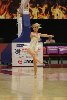 During halftime of the Potawatomi Fire home game on April 10, former Fire Girl Tatum Shelton performs her talent, which she will take to the Miss Oklahoma competition. Natasha Dunagan, Countywide &amp; Sun