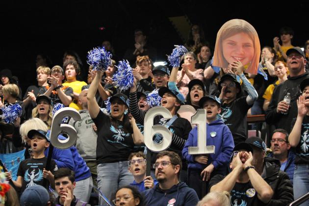 Family and friends cheer for the Blue Phoenix Robotics Team during the Oklahoma Regionals FIRST Robotics Competition, held at FireLake Arena on April 5. This is the first year for this Shawnee team, made up of eighth-grade students from Grove School, to compete at this level, and they made it to the 12th match of the playoffs, finishing 16th out of 48 teams from all over the country, as well as other countries. Natasha Dunagan, Countywide &amp; Sun