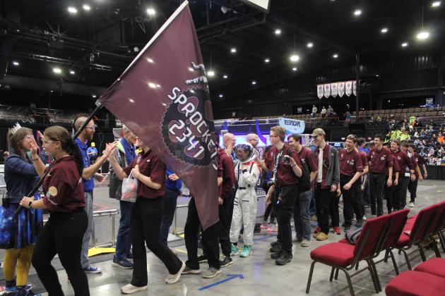 The Sprockets Robotics Team, from Gordon Cooper Technology Center, gets high-fives from the Oklahoma Regionals FIRST Robotics Competition judges on April 5 at FireLake Arena. They were on the winning alliance and they earned the Regional Engineering Inspiration Award. Natasha Dunagan, Countywide &amp; Sun