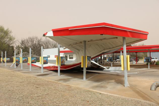Strong winds on March 14 left the metal canopy over the western bank of stalls twisted and grounded at Sonic Drive-In, 109 E. Walnut, in Tecumseh. Franchise co-owner Brett Blair said they were paying attention when the canopy began to tilt from side to side, and they called the police who blocked off that side of the business, so no one was hurt when it collapsed. Blair said the electricity went out, and computers were offline before it happened. They have since reopened. Natasha Dunagan, Countywide &amp; Sun