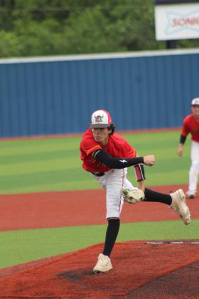 Dale senior Riglee Sheppard slings the ball toward home in the third inning  of the May 15 Class 2A State Quarterfinal game with Oktaha, held at Seminole State College's Lloyd Simmons Field. The Pirates lost, 6-10, ending their season with a record of 28-5.