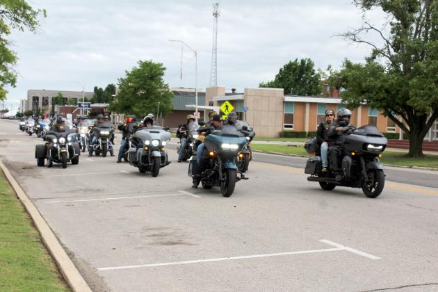 The U.S. Veterans Motorcyle Club, out of OKC, continues on the Fifth Annual Gold Star Families Memorial Ride, after stopping to place a wreath at the Gold Star Families Monument at Woodland Veterans Park on May 24. Their next stop was at the Grand Casino Hotel and Resort for an indoor ceremony. Natasha Dunagan, Countywide &amp; Sun