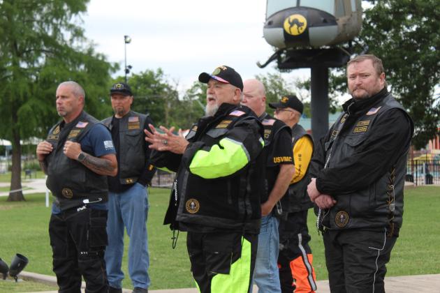 U.S. Veterans Motorcyle Club Secretary River Thompson speaks briefly at Woodland Veterans Park in Shawnee, where a wreath was placed at the Gold Star Families Monument, during the Fifth Annual Gold Star Families Memorial Ride on May 24. After traveling from Papa's Leather in Bethany to Shawnee, they were escorted by the Oklahoma Highway Patrol to the Grand Casino Hotel and Resort for an indoor ceremony and lunch. Natasha Dunagan, Countywide &amp; Sun
