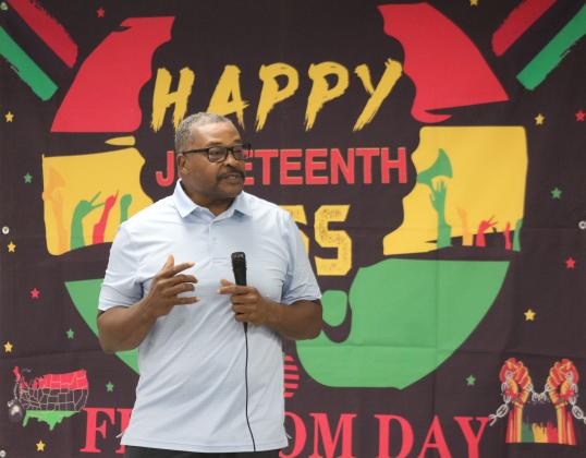 Dunbar Heights Community Group President Timmy Young speaks about the organization's future plans during the Juneteenth celebration held at Shawnee Community Center on June 17.