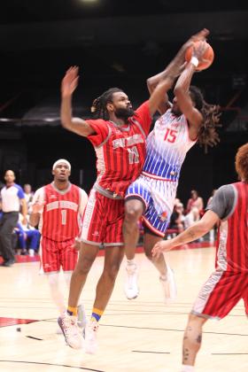 Potawatomi Fire Forward Jay Hedgeman tries for two points on June 5, in the first game of the Midwest Conference Finals against the Logansport Iron Horses at FireLake Arena. Hedgeman made a double-double with 12 points and 15 rebounds during that game, according to potawatomifire.com. Natasha Dunagan, Countywide &amp; Sun