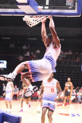 Potawatomi Fire Forward Ke'Tarrious "K.T." Boucham makes a slam dunk in the fourth quarter of The Basketball League Finals Championship game against the Capital Seahawks at FireLake Arena on June 23. Boucham is the TBL Sixth Man of the Year and contributed 22 points to the game, according to potawatomifire.com.