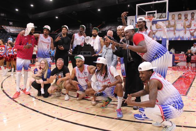 The Potawatomi Fire pose with their 2025 TBL Champion trophy, "The Lillie," its namesake Lillie Mae Greer (mother of TBL CEO Evelyn Magley), Assistant Coach Emmanuel Toney, Athletic Trainer Taylor Williams and her son, Team Doctor Justin Phillips and General Manager David Qualls. This is the third year in a row they have won this national title, the first in The Basketball League to do so. Their record for the season is 27-1, and 8-0 for the playoffs, according to potawatomifire.com.