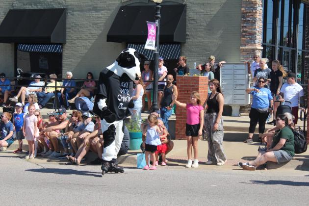 The Chick-Fil-A Cow roller skates in the parade.