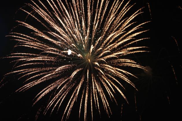 The FireLake Casino fireworks display featured several golden blooms like this. The moon can also be seen in the background. In the Shawnee area,  there were also fireworks exploding over Kickapoo Casino on July 2 and the Grand Casino Hotel and Resort on July 4 for Independence Day.