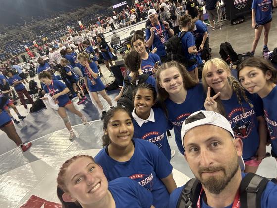 Shawnee High School Head Wrestling Coach Andrew McCune takes a selfie with his wrestlers on Team Oklahoma during the U.S. Marine Corps 16U and Junior Nationals in Fargo, ND, earlier this month. Shown, from left, are Kylei Gokey of Tecumseh, Ayanna Cruz, Rae'Dence Grant, Claudia Thomason, all three of Shawnee, Temperance Reddin and Lizzy Palma-Hernandez, both of Tecumseh. Photo provided