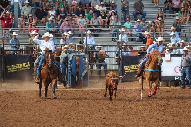 Kolton Yeager of Shawnee, right, loops his lasso around the steer's horns as Tyler Fish of Harrah prepares to catch the back feet in Team Roping during the International Finals Youth Rodeo on the morning of July 7.