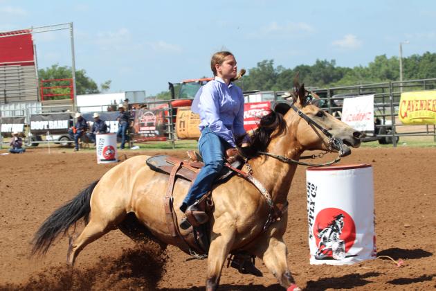 Adilyn Beauchamp of Wanette rounds the last barrel during the 33rd Annual IFYR, held at the Heart of Oklahoma Expo Center on the morning of July 8.