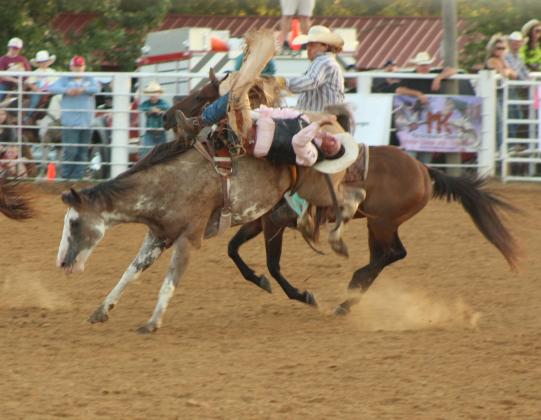 Brad Gower of Bristow lays down at one point on his Bareback Bronc ride during the 79th Annual Maud Roundup Rodeo on July 19.
