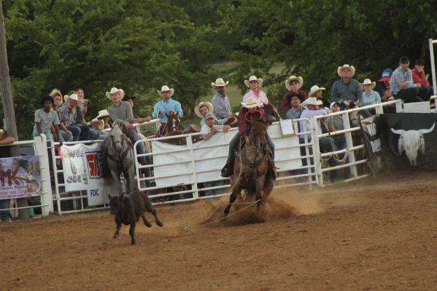 Shane Dooley of Beggs comes up empty in the Tie Down Roping event of the 79th Annual Maud Roundup Rodeo on July 19.