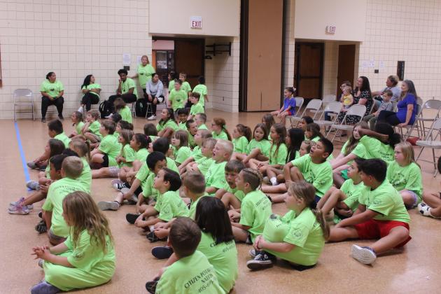 The audience, made up mostly of students from Citizen Potawatomi Nation's After School Program, meows loudly (as prompted) to "Kitty Cat Town" during the Spaghetti Eddie performance at Tecumseh Public Library on July 24.