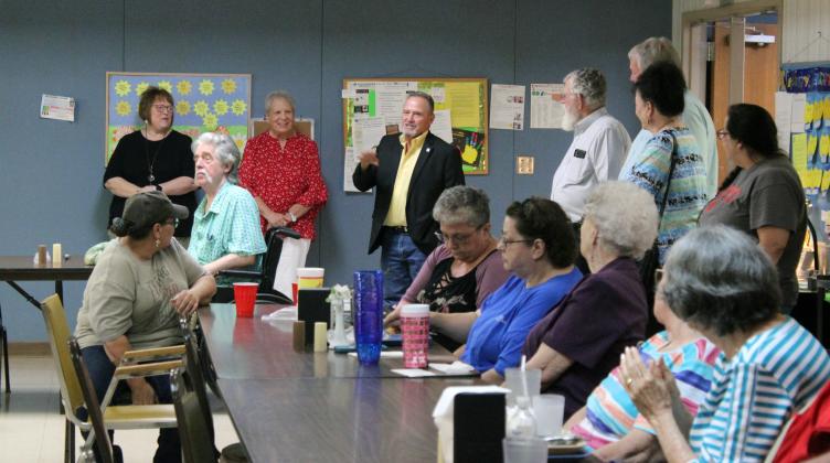 State Representative Danny Sterling speaks briefly during a ceremony celebrating the 90th Anniversary of Social Security, held at the Tecumseh Golden Age Center in conjunction with Project HEART on Aug. 12. The ceremony was led by AARP Oklahoma, and U.S. Representative Stephanie Bice also spoke.