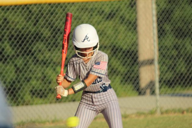 Asher junior Vaeh Pierce passes on a ball before eventually walking during the home game against Moss on Aug. 15. The Lady Indians played their first five fast pitch games of the season at home last week and won all but one. They beat Moss, 11-6.